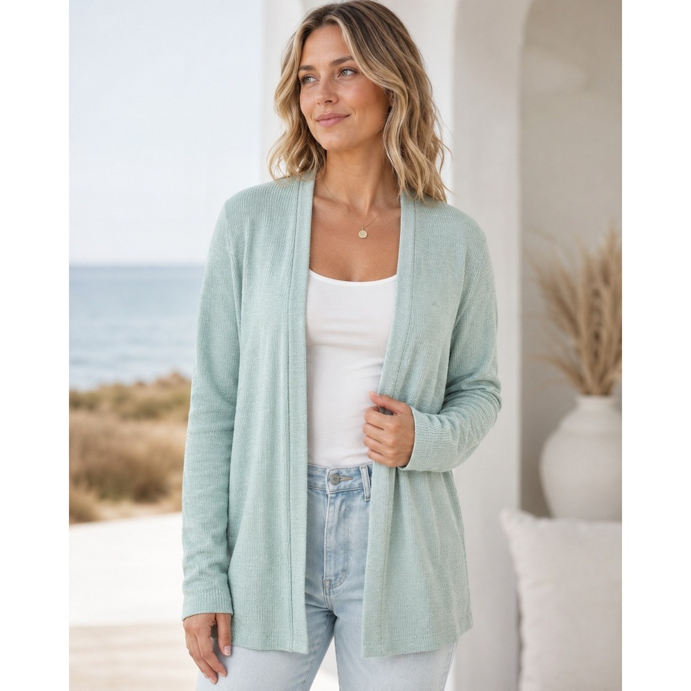 J. Jill Sage Green Open Front Cardigan Cotton Linen Quiet Luxury Clean Girl M